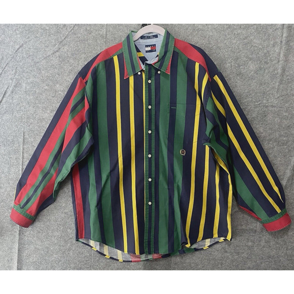 Vtg Tommy Hilfiger Colorblock Striped Shirt Mens XL‎ Crest Pocket Retro - Picture 1 of 10